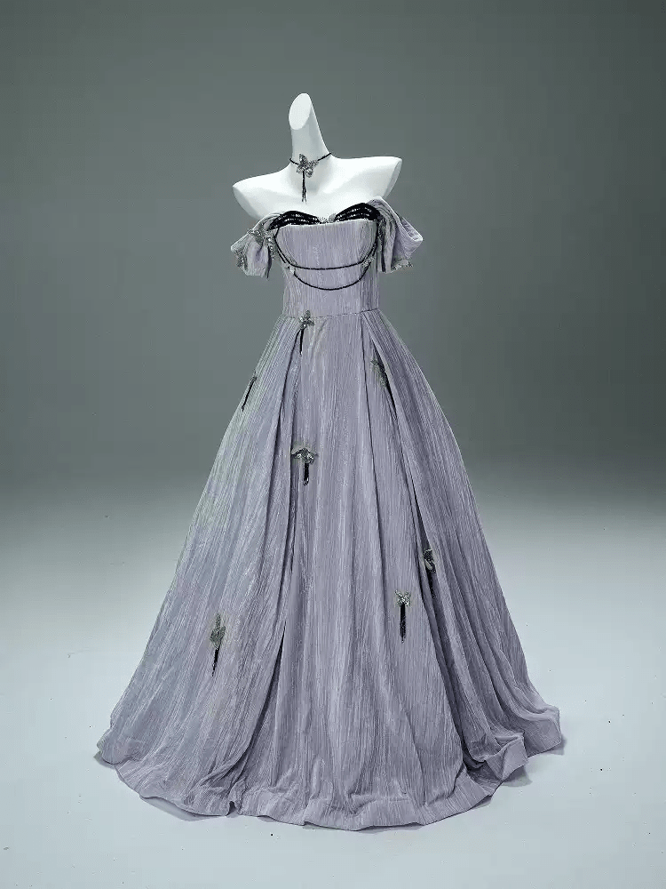 Lavender Purple Evening Dress with Butterfly Appliqué – Velvet Evening Gown with Corset Back and Matching Choker Plus Size - WonderlandByLilian