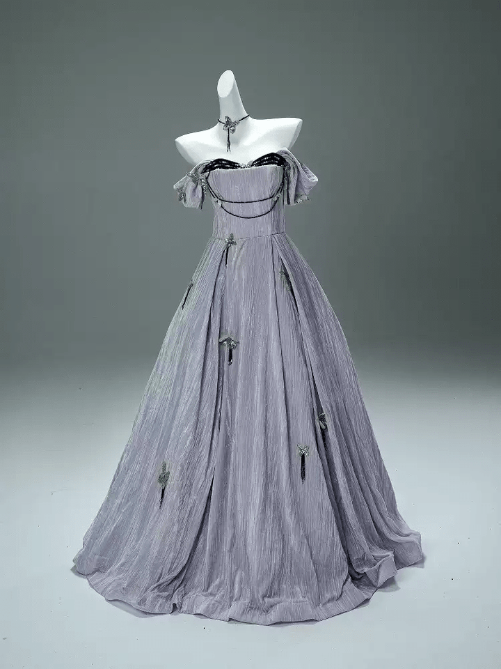 Lavender Purple Evening Dress with Butterfly Appliqué – Velvet Evening Gown with Corset Back and Matching Choker Plus Size - WonderlandByLilian