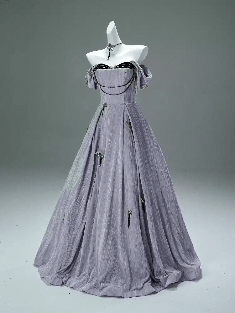 Lavender Purple Evening Dress with Butterfly Appliqué – Velvet Evening Gown with Corset Back and Matching Choker Plus Size - WonderlandByLilian