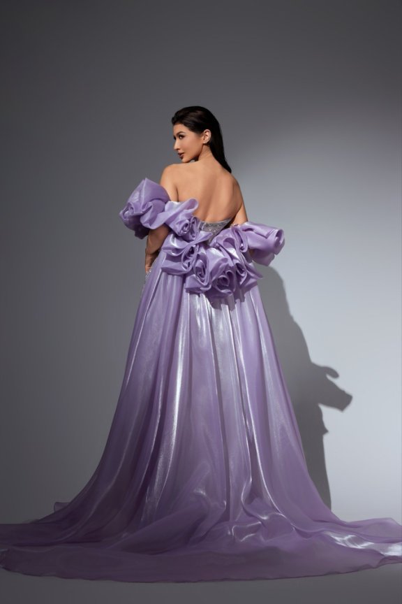 Lavender Purple Glitter Maxi Dress with Dramatic Satin Sleeves – Strapless Sequin Evening Gown Plus Size - WonderlandByLilian