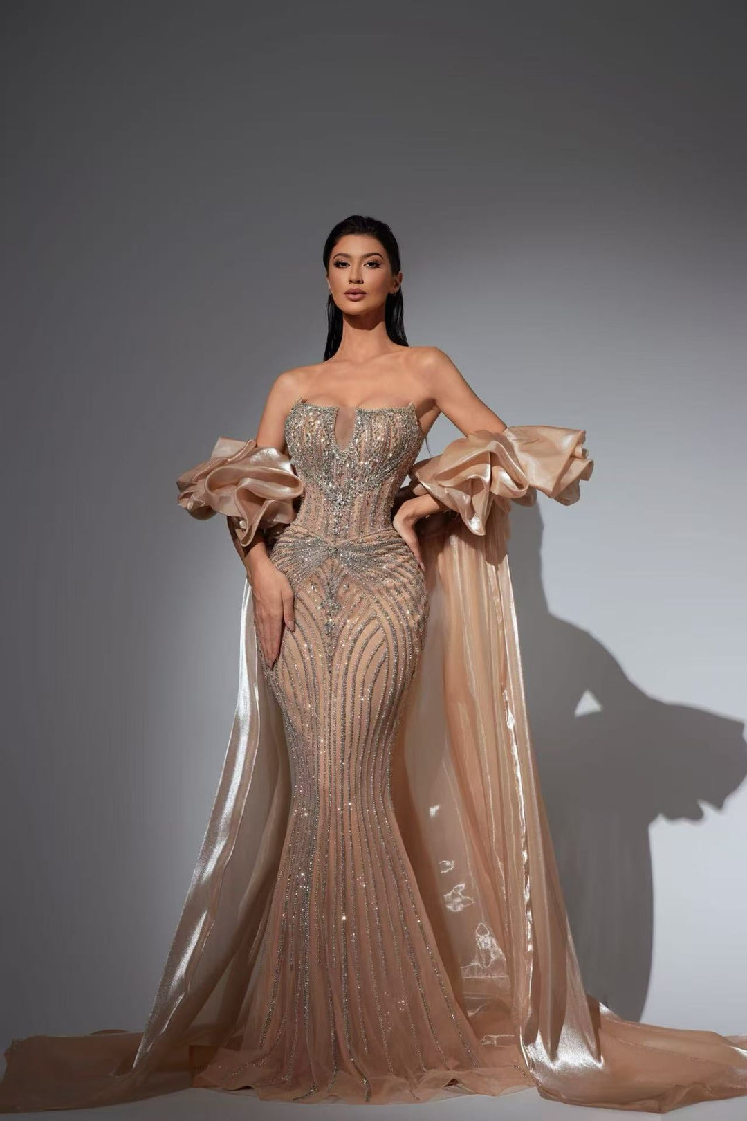 Lavender Purple Glitter Maxi Dress with Dramatic Satin Sleeves – Strapless Sequin Evening Gown Plus Size - WonderlandByLilian