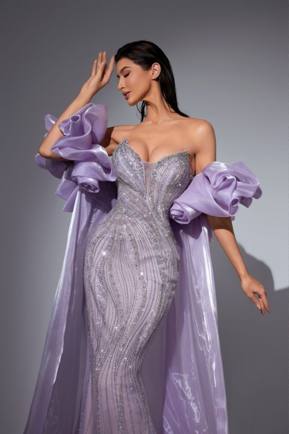 Lavender Purple Glitter Maxi Dress with Dramatic Satin Sleeves – Strapless Sequin Evening Gown Plus Size - WonderlandByLilian