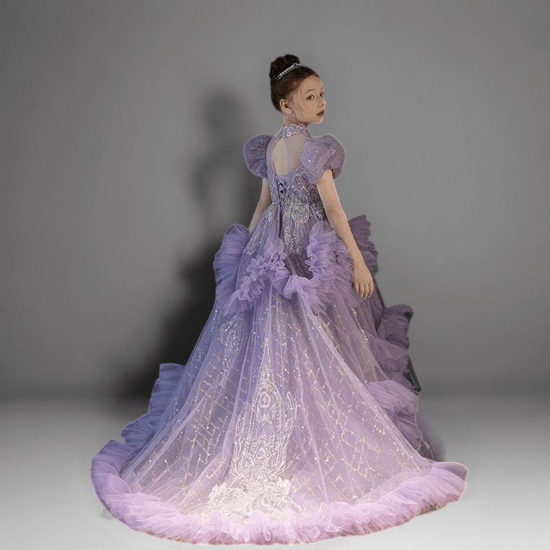 lavender flower girl dress Lavender Purple Ruffled Tulle Flower Girl Dress with Puff Sleeves – Special Occasion Flower Girl Dress with Train Plus Size