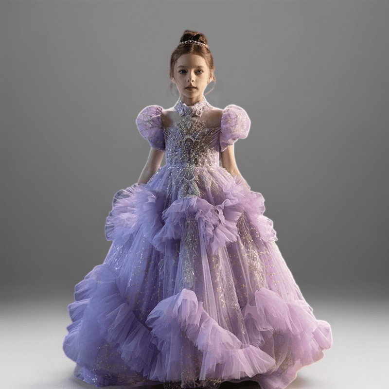 Lavender Purple Ruffled Tulle Flower Girl Dress with Puff Sleeves – Special Occasion Flower Girl Dress with Train Plus Size - WonderlandByLilian