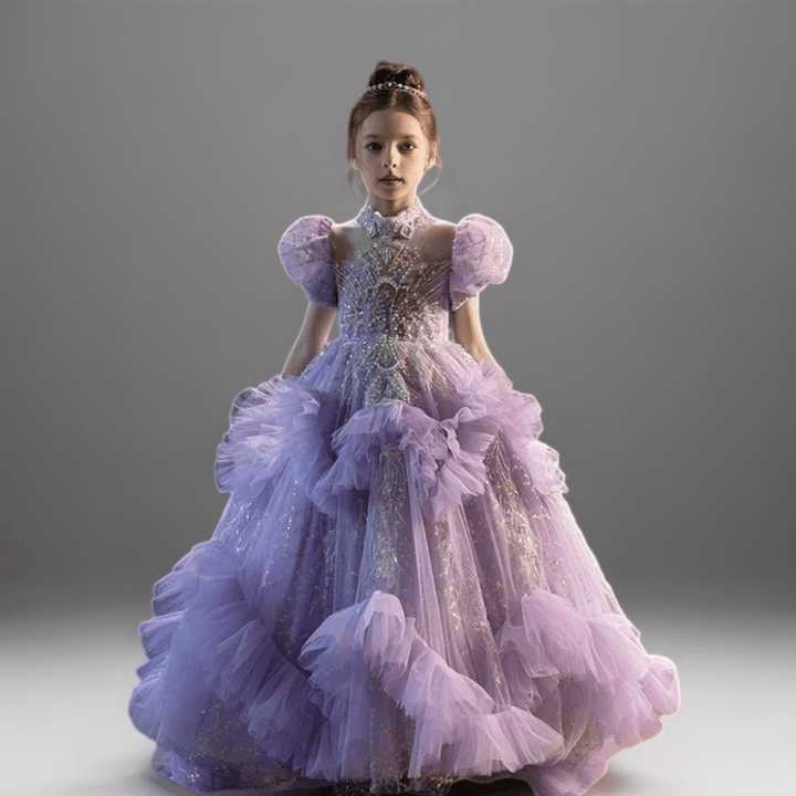 Lavender Purple Ruffled Tulle Flower Girl Dress with Puff Sleeves – Special Occasion Flower Girl Dress with Train Plus Size - WonderlandByLilian