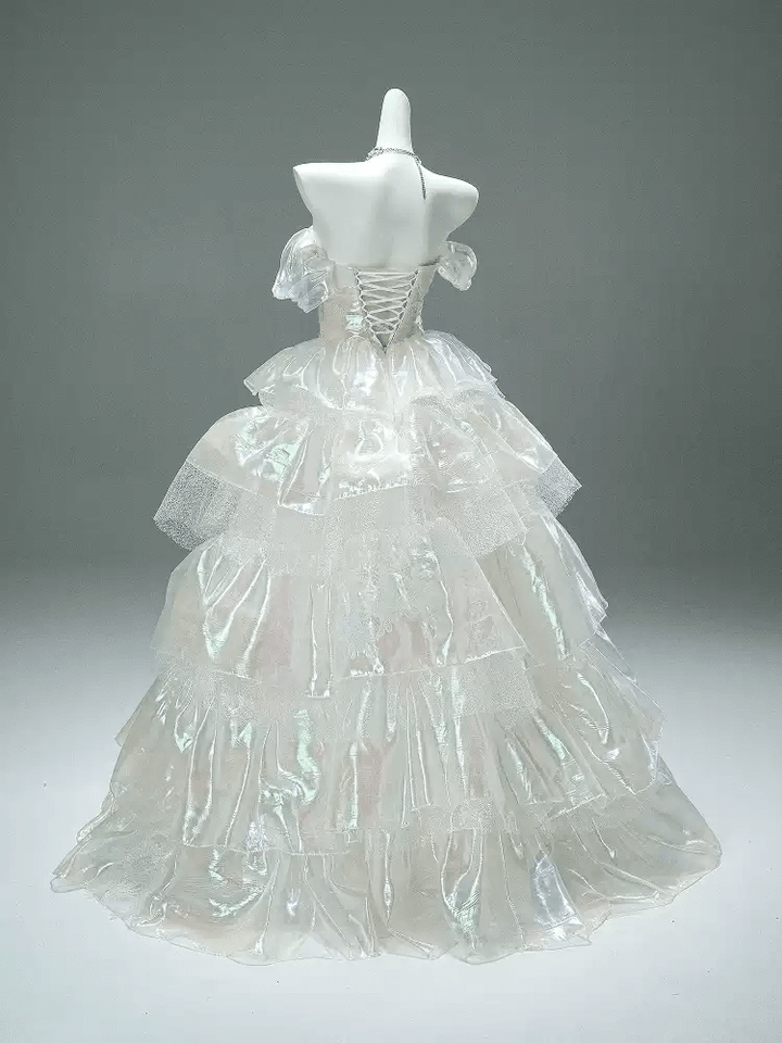 Layered Tulle Ruffle Dress with Off Shoulder Sleeves – White Ball Gown with Corset Back Plus Size - WonderlandByLilian