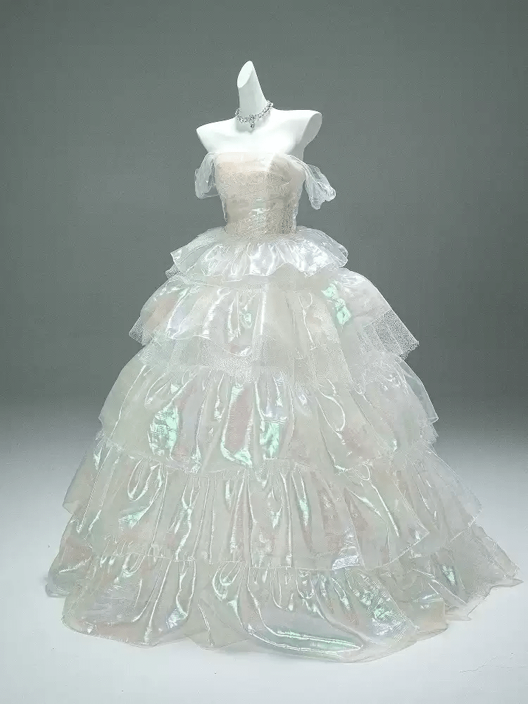 Layered Tulle Ruffle Dress with Off Shoulder Sleeves – White Ball Gown with Corset Back Plus Size - WonderlandByLilian