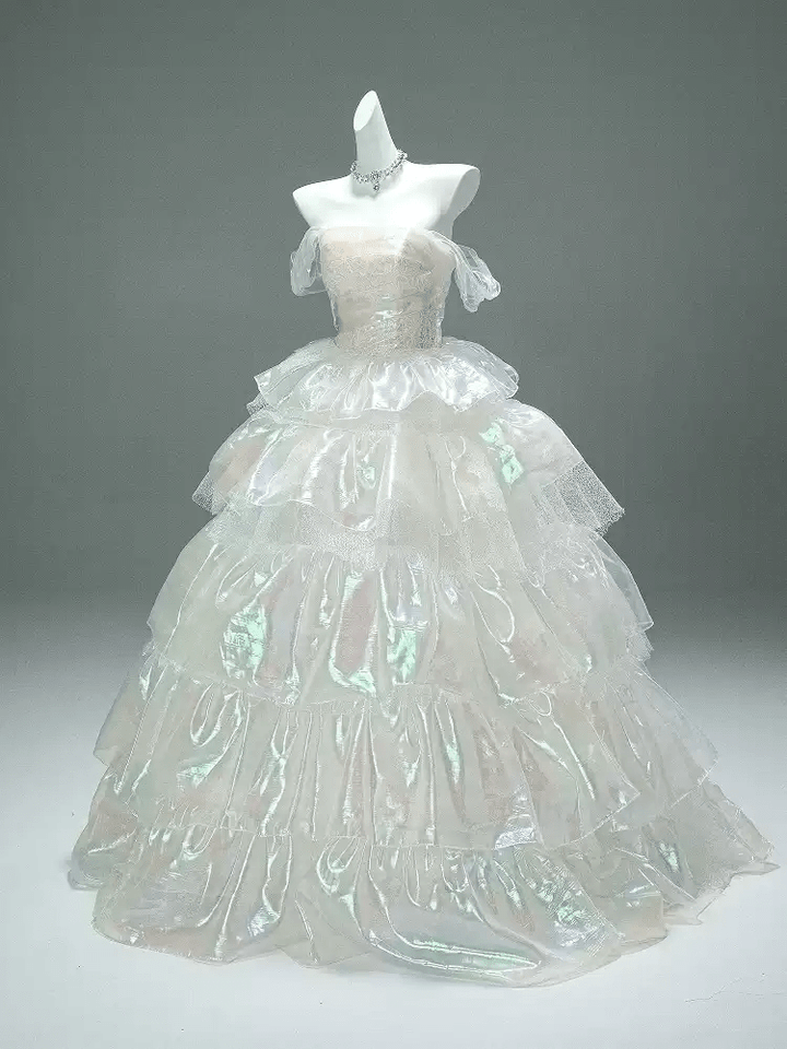 Layered Tulle Ruffle Dress with Off Shoulder Sleeves – White Ball Gown with Corset Back Plus Size - WonderlandByLilian