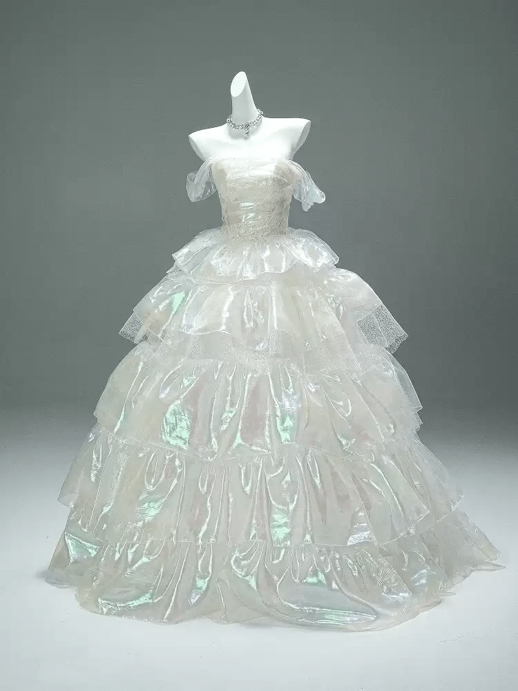 Layered Tulle Ruffle Dress with Off Shoulder Sleeves – White Ball Gown with Corset Back Plus Size - WonderlandByLilian