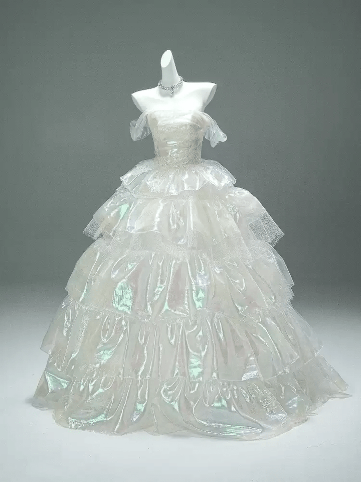 Layered Tulle Ruffle Dress with Off Shoulder Sleeves – White Ball Gown with Corset Back Plus Size - WonderlandByLilian