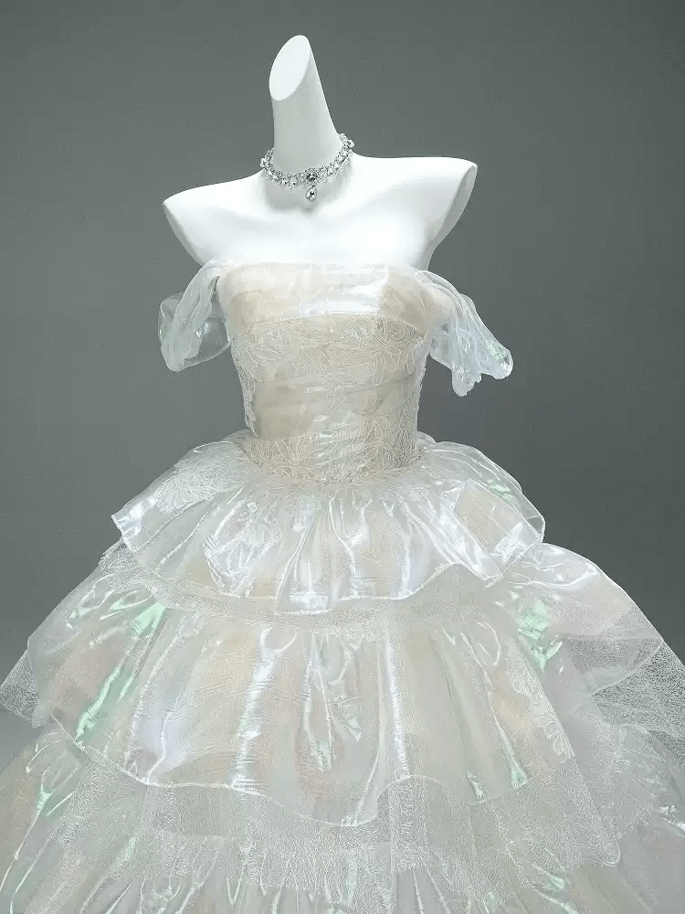 Layered Tulle Ruffle Dress with Off Shoulder Sleeves – White Ball Gown with Corset Back Plus Size - WonderlandByLilian