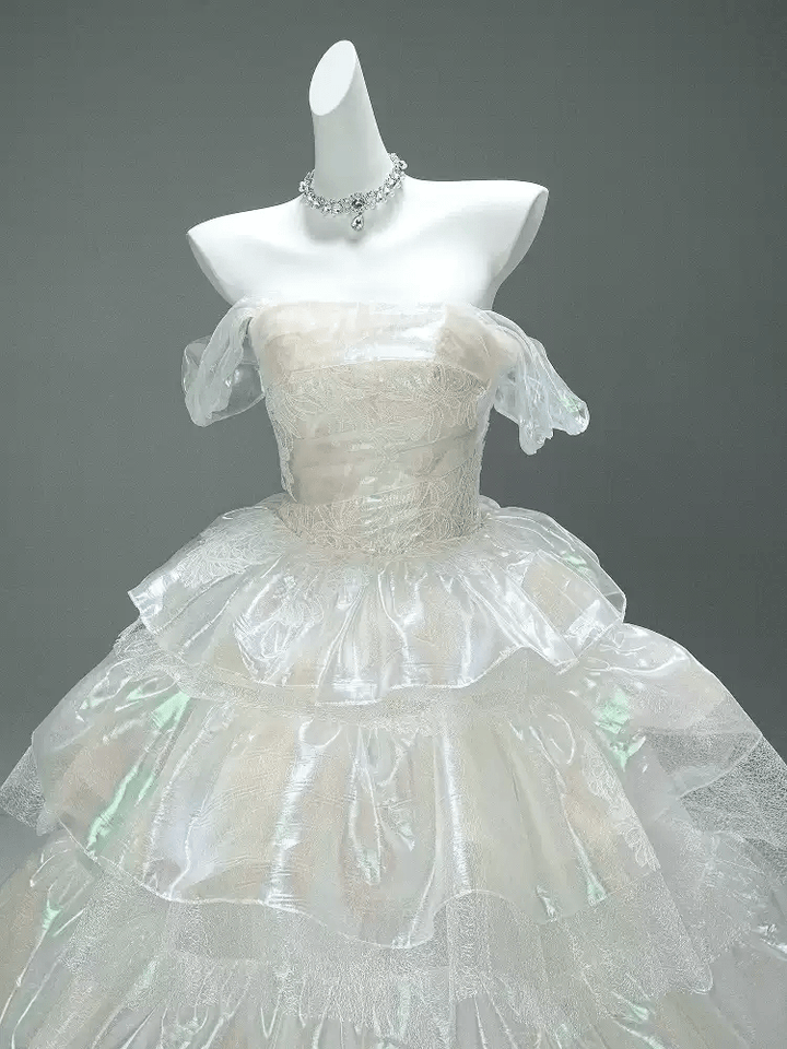 Layered Tulle Ruffle Dress with Off Shoulder Sleeves – White Ball Gown with Corset Back Plus Size - WonderlandByLilian