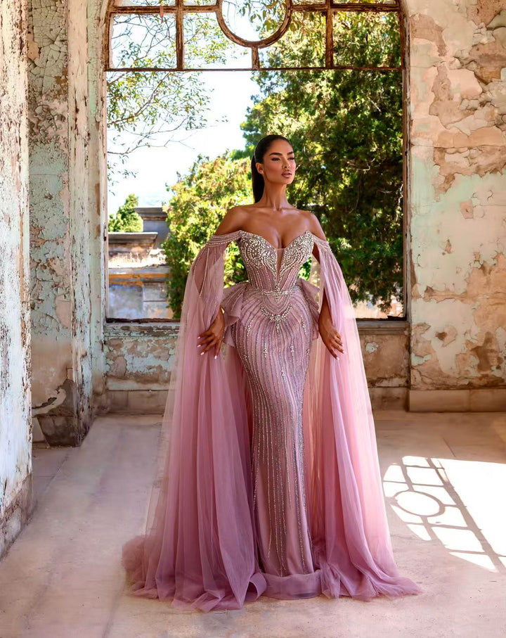 Pink Designer Sequin Gown - Off-Shoulder Evening Gown with Tulle Sleeves – Pink Sequin Dress Plus Size
