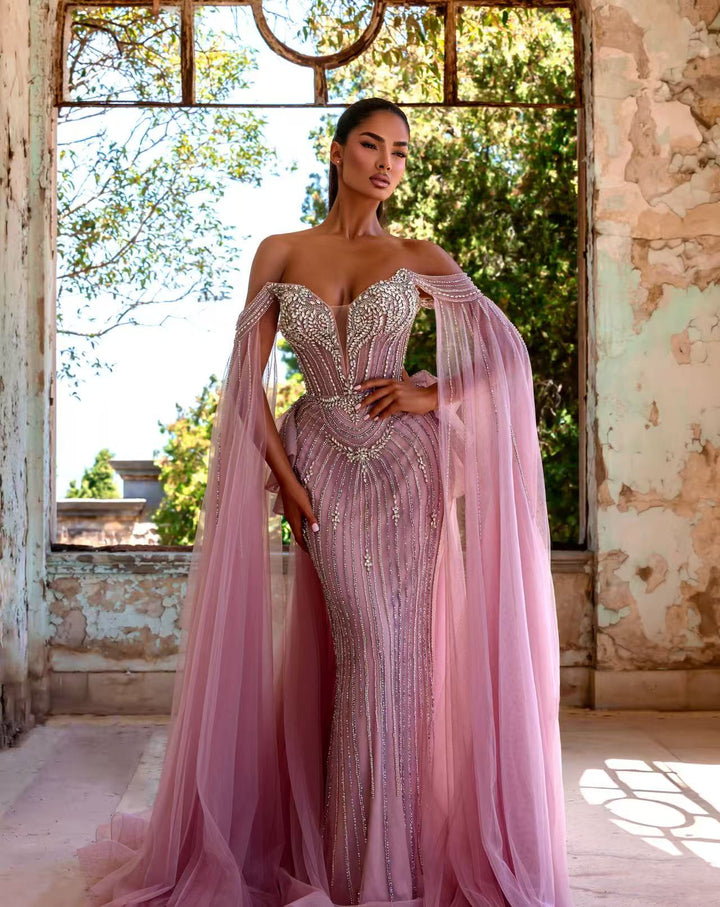 Pink Designer Sequin Gown - Off-Shoulder Evening Gown with Tulle Sleeves – Pink Sequin Dress Plus Size