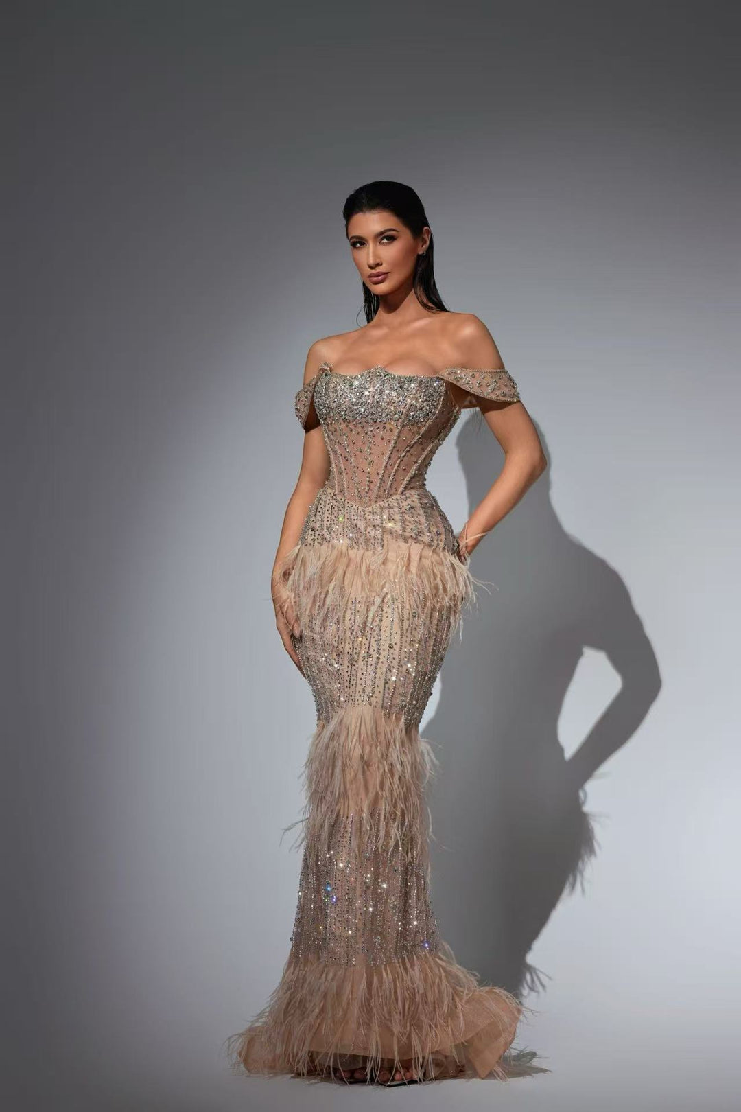 Pink Sequin and Feather Dress – Glitter Maxi Dress - Sequins Evening Gown Plus Size
