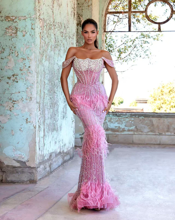 Pink Sequin and Feather Dress – Glitter Maxi Dress - Sequins Evening Gown Plus Size