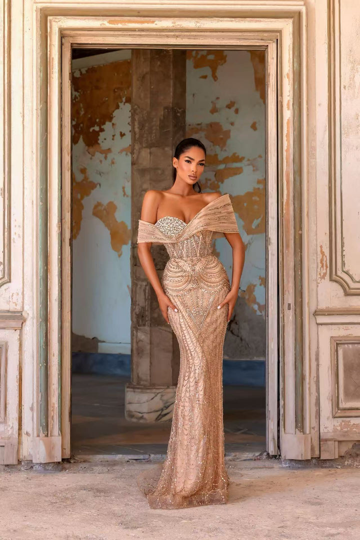 Champagne Sequin Ball Gown with Embellished Bodice – Champagne Dress for Wedding Guest Plus Size