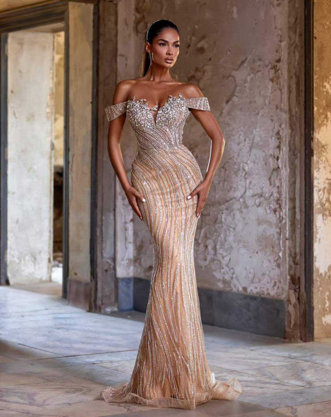 Champagne Dress for Wedding Guest with Lace Bodice – Sequins Evening Gown Plus Size