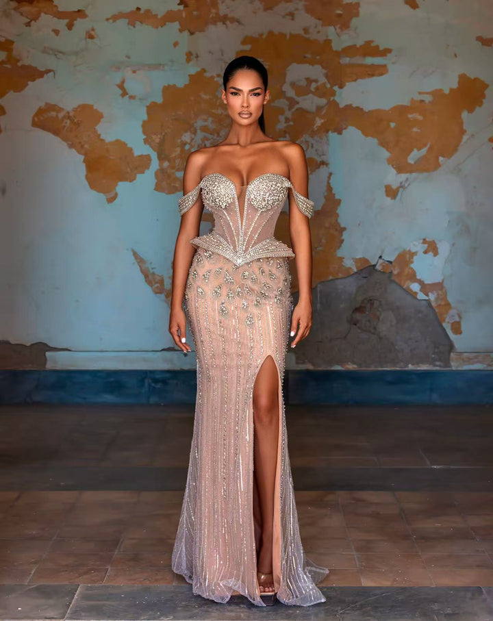 Champagne Embellished Gown with Pearl Corset Bodice – Sequins Evening Gown with Slit Plus Size