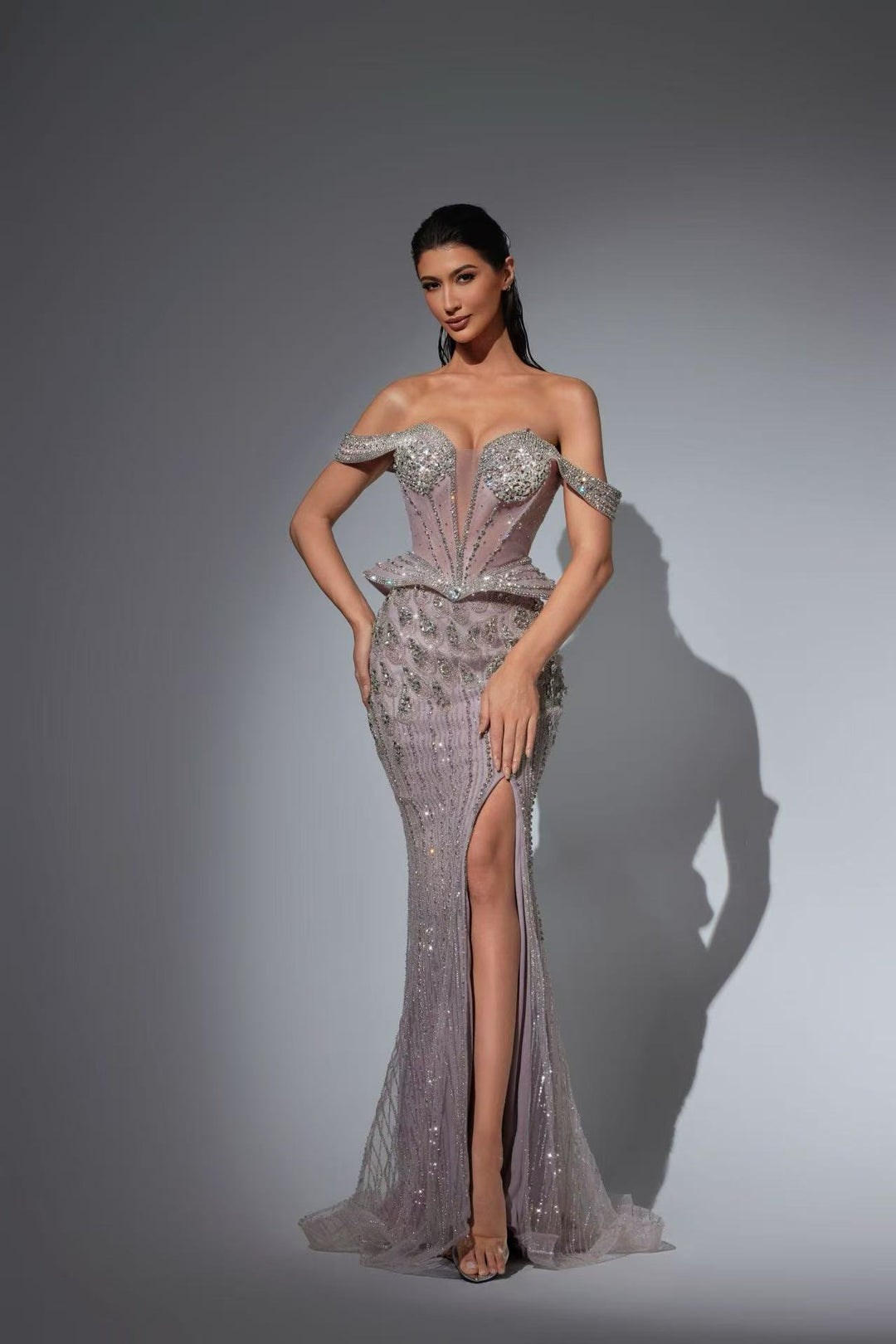 Champagne Embellished Gown with Pearl Corset Bodice – Sequins Evening Gown with Slit Plus Size