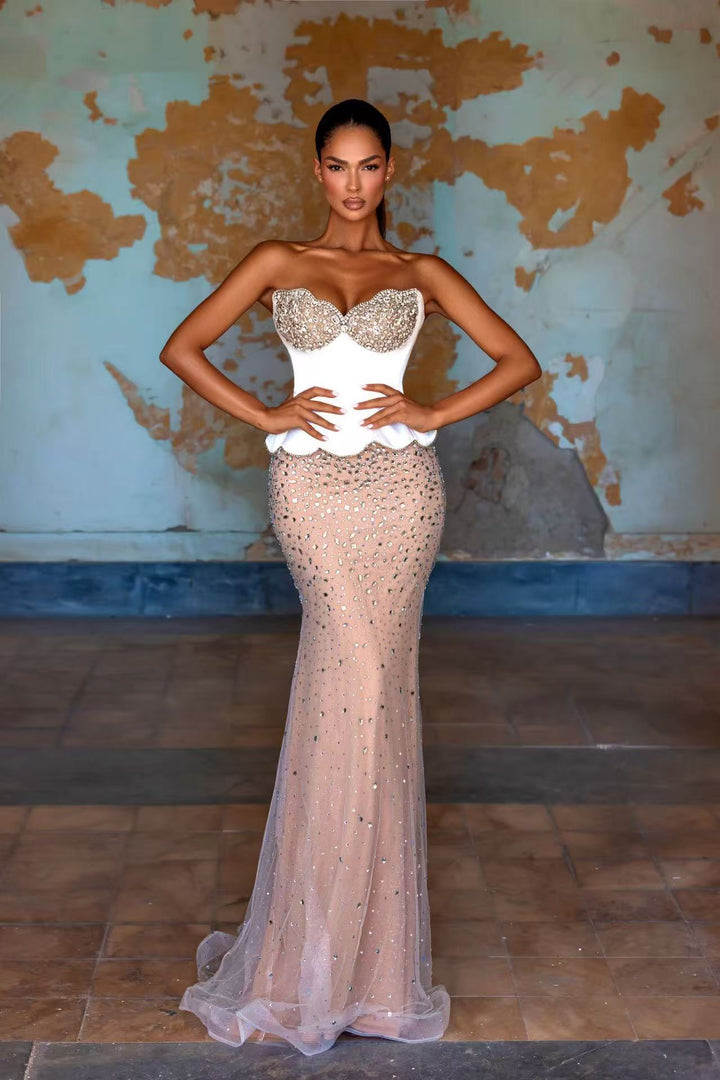 Champagne and White Pretty Sequin Dress with Embellished Corset Bodice – Illusion Formal Dress Plus Size
