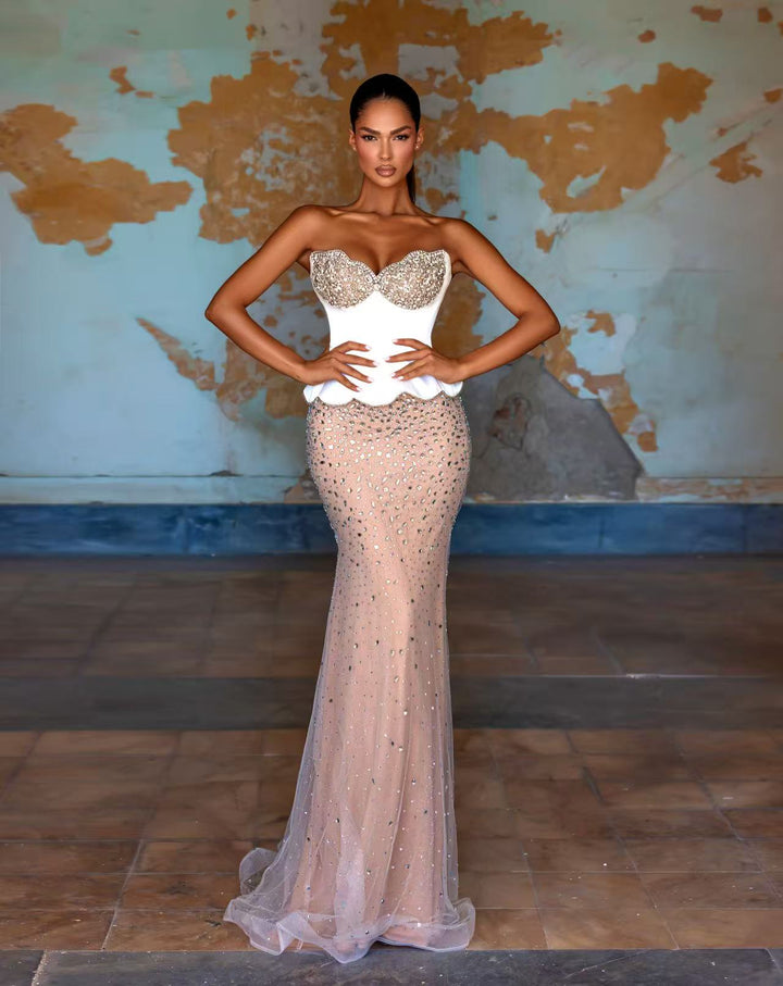 Champagne and White Pretty Sequin Dress with Embellished Corset Bodice – Illusion Formal Dress Plus Size