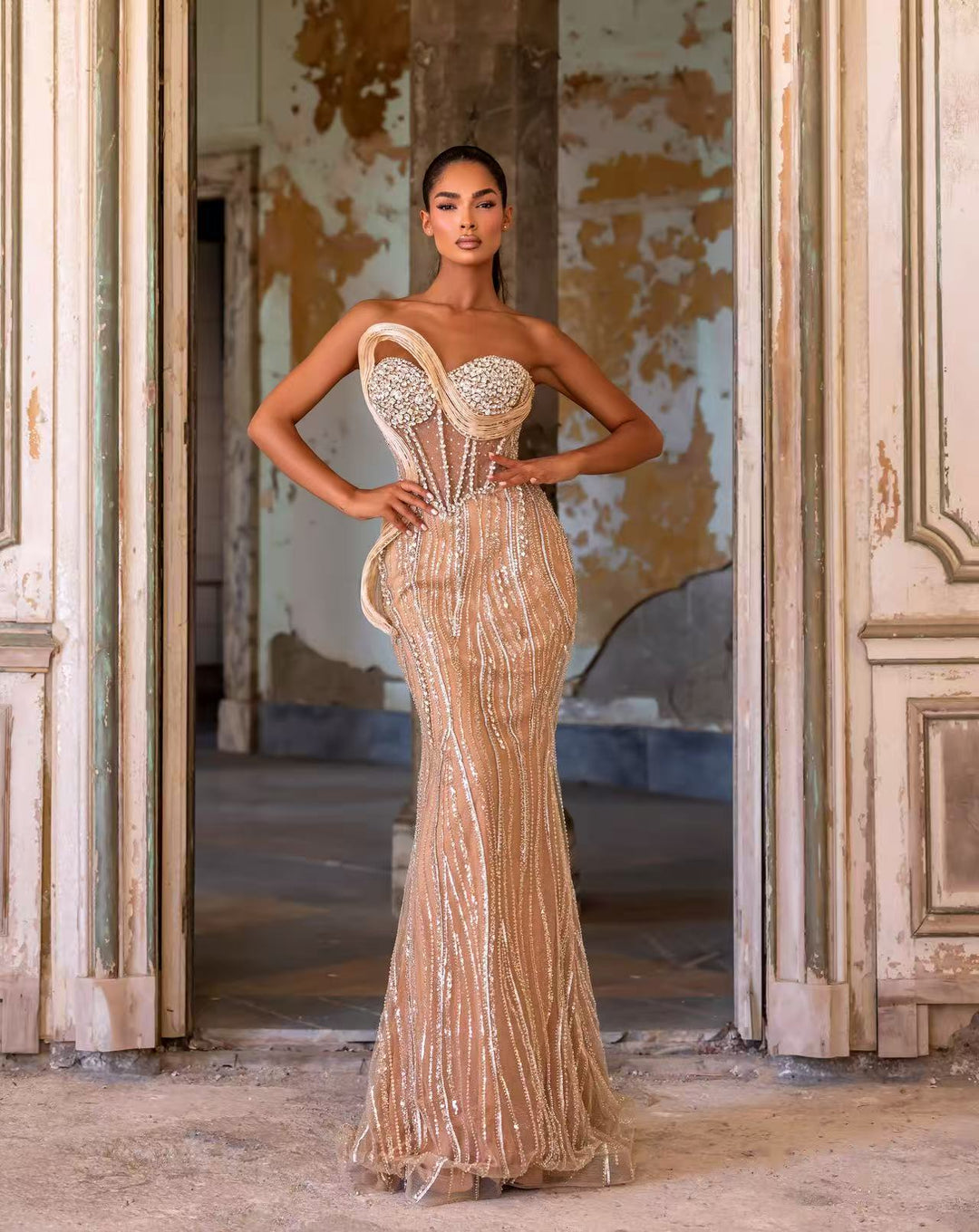 Champagne Sequin Gown with Asymmetric Corset Bodice – Illusion Formal Dress Plus Size