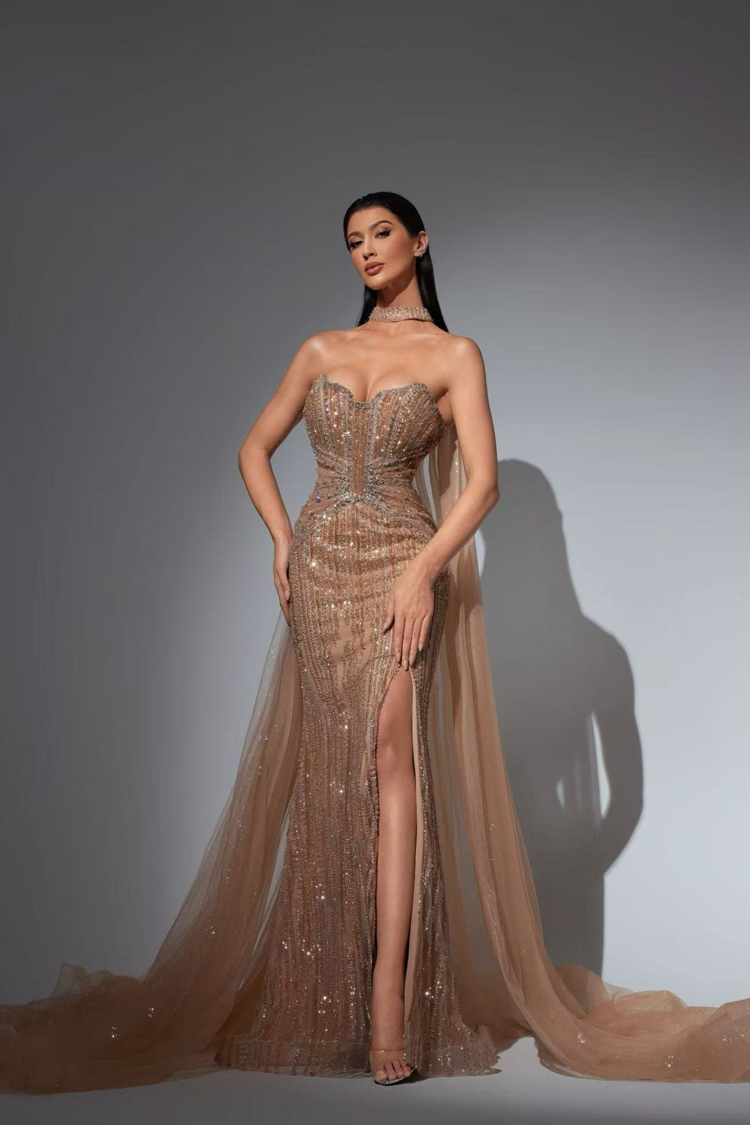 Blue Sequin Prom Dress with Detachable Tulle Cape – Glitter Maxi Dress with Slit Plus Size