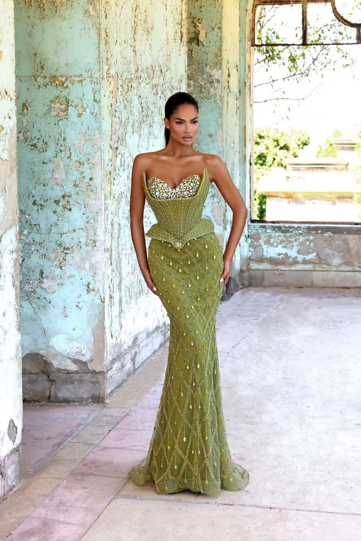Green Embellished Gown - Sequin Ball Gown with Structured Bodice – Sparkly Maxi Dress Plus Size