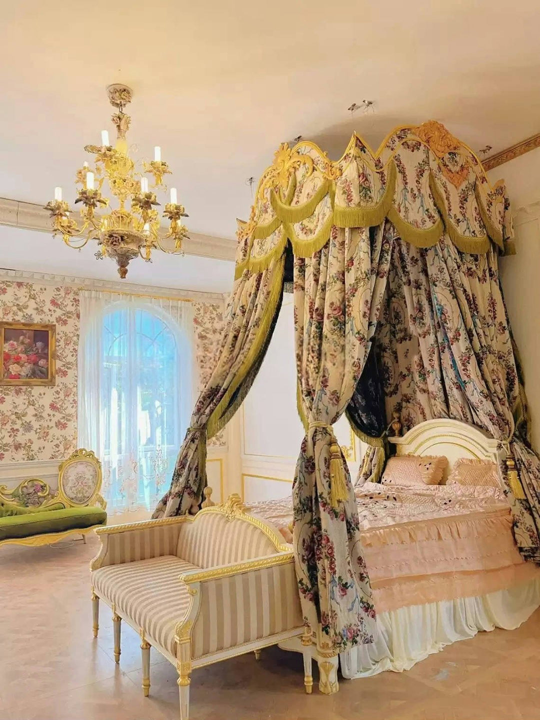 “Le Jardin Royal” Rococo Curtains – Versailles Floral Drapery Canopy with Baroque Tassel Valance for French Palace Bedroom Decor - WonderlandByLilian