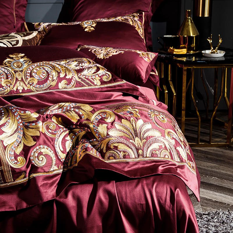 Lezkira Burgundy Red Luxury Egyptian Cotton Embroidery Bedding Set - WonderlandByLilian