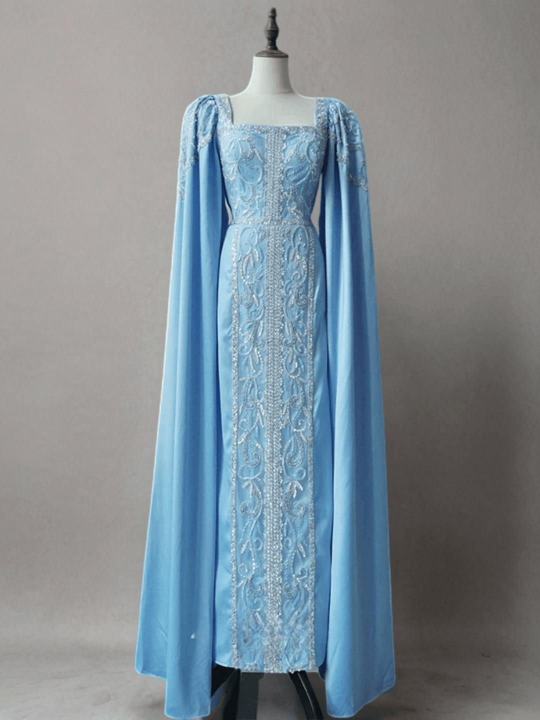 Light Blue Beaded Formal Dress with Cape Sleeves - Pretty Sequin Dress - Elegant Evening Gown Plus Size - WonderlandByLilian