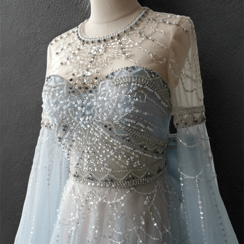 Light Blue Beaded Long Sleeve Bridal Gown - Elegant Tulle Wedding Dress with Bow Plus Size - WonderlandByLilian