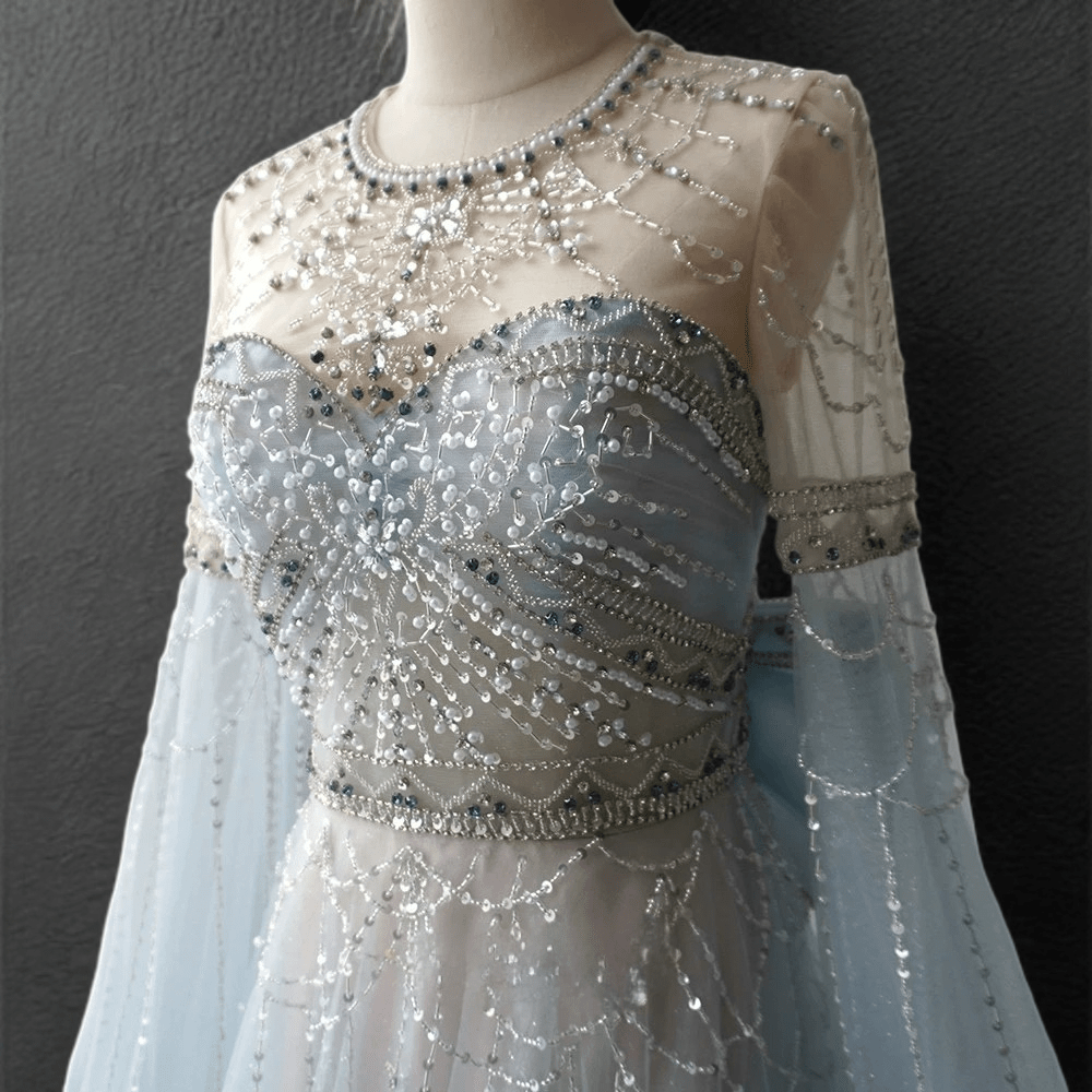 Light Blue Beaded Long Sleeve Bridal Gown - Elegant Tulle Wedding Dres WonderlandByLilian Light Blue Beaded Long Sleeve Bridal Gown - Elegant Tulle Wedding Dres WonderlandByLilian