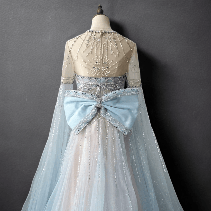 Light Blue Beaded Long Sleeve Bridal Gown - Elegant Tulle Wedding Dress with Bow Plus Size - WonderlandByLilian