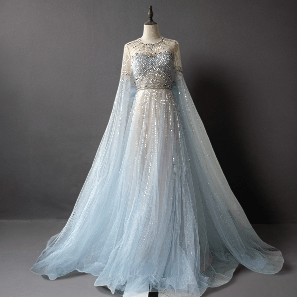 Light Blue Beaded Long Sleeve Bridal Gown - Elegant Tulle Wedding Dress with Bow Plus Size - WonderlandByLilian