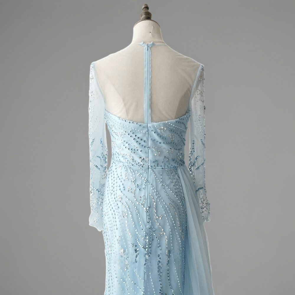 Light Blue Beaded Long Sleeve Evening Dress and Pretty Sequin Dress Elegant Tulle Formal Gown Plus Size