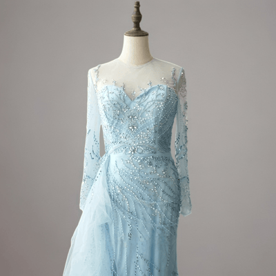 Light Blue Beaded Long Sleeve Evening Dress and Pretty Sequin Dress - Elegant Tulle Formal Gown Plus Size - WonderlandByLilian