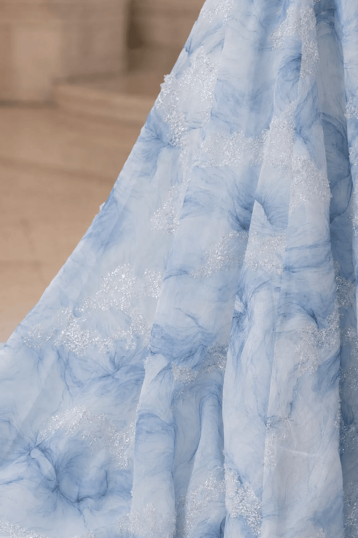 Light Blue Evening Dress with Floral Embellishments and Strapless – Floral Evening Dress with Lace - Up Back Plus Size - WonderlandByLilian