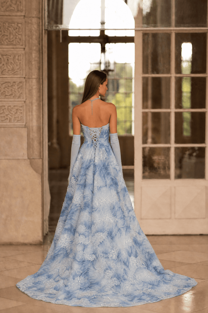 Light Blue Evening Dress with Floral Embellishments and Strapless – Floral Evening Dress with Lace - Up Back Plus Size - WonderlandByLilian