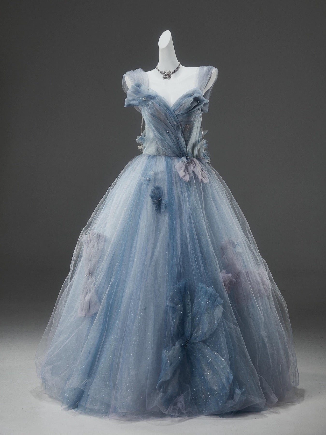 Light Blue Fairy Tale Tulle Gown - Floral Corset Back Wedding Dress Plus Size Size 24W / Blue Light Blue Fairy Tale Tulle Gown - Floral Corset Back Wedding Dress Plus Size Size 24W / Blue