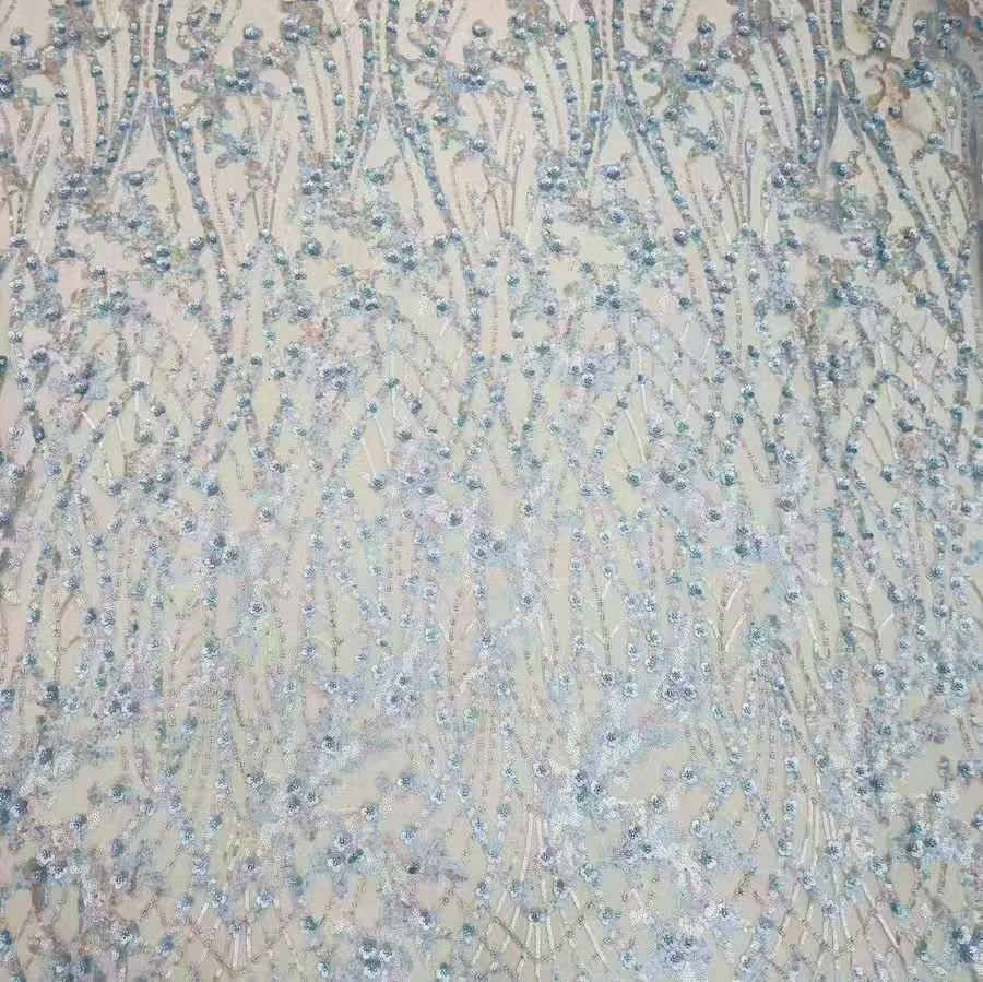 Light Blue Floral Embroidered Sequin Lace Fabric - WonderlandByLilian