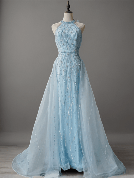 Light Blue Halter Neck Glitter Dress
