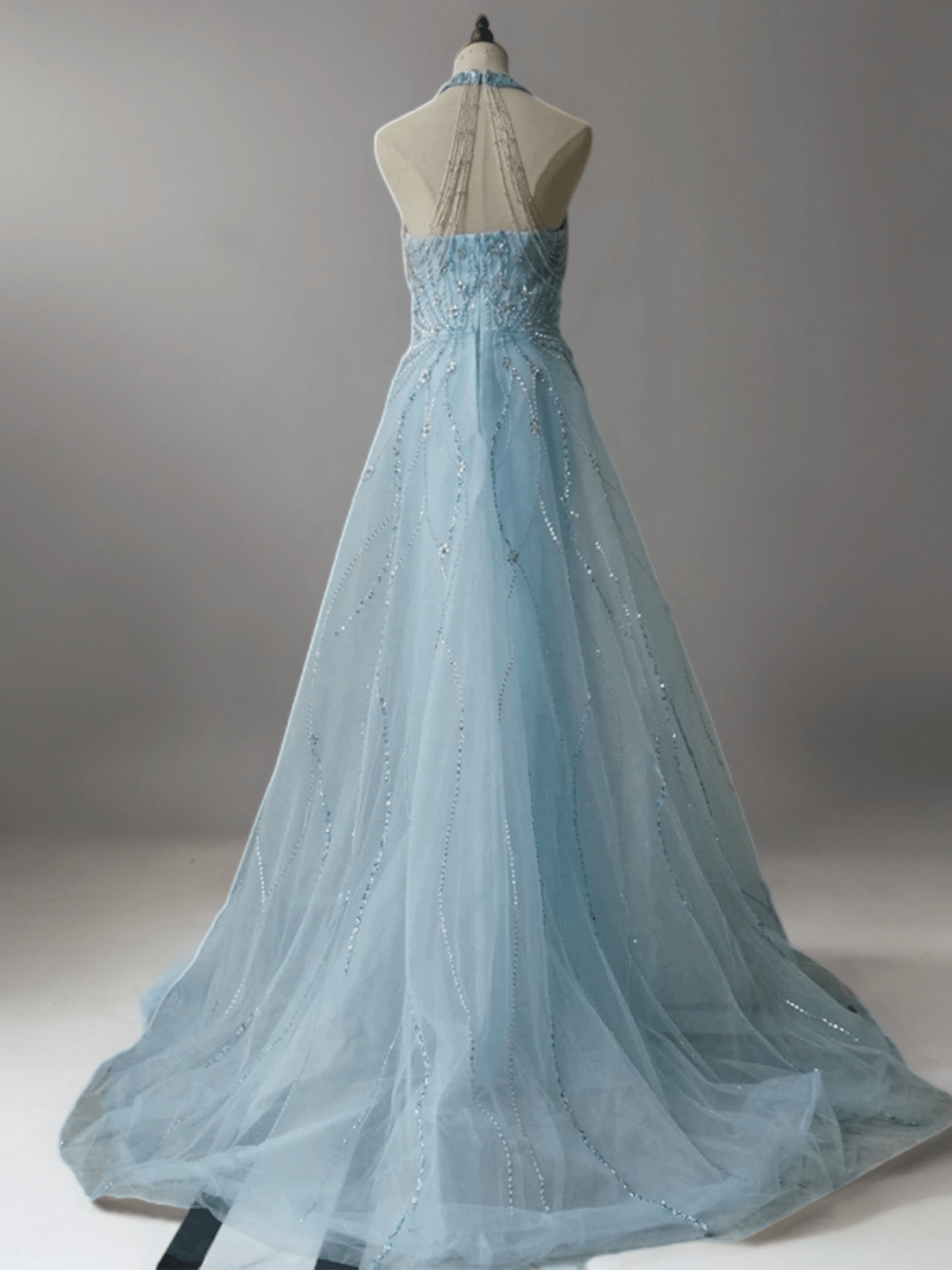 Light Blue Halter Neck Glitter Dress - Elegant Sequin A-Line Evening Gown Plus Size - WonderlandByLilian