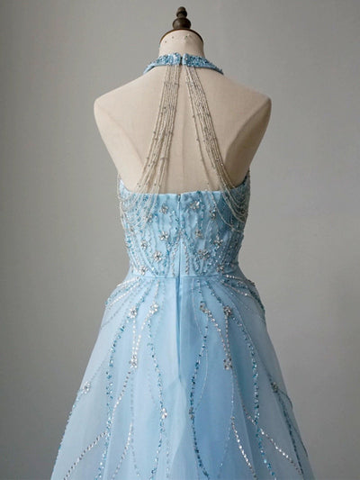 Light Blue Halter Neck Glitter Dress - Elegant Sequin A-Line Evening Gown Plus Size - WonderlandByLilian