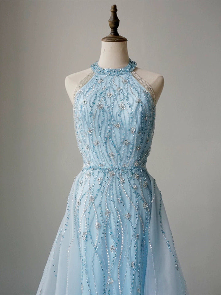 Light Blue Halter Neck Glitter Dress - Elegant Sequin A-Line Evening Gown Plus Size - WonderlandByLilian