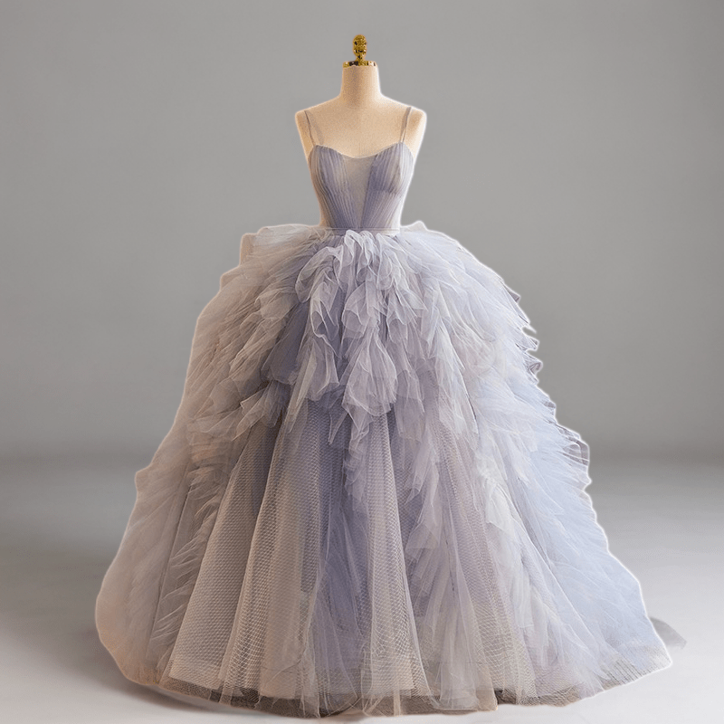 Light Blue Layered Tulle Party Dress - Spaghetti Strap and Corset Back Wedding Dress Plus Size - WonderlandByLilian