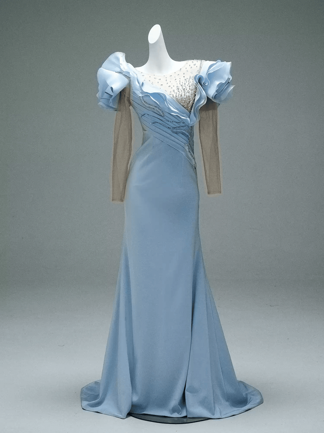 Light Blue Mermaid Evening Dress with Ruffle Sleeves – Long Sleeve Evening Dress with Beaded Bodice and Lace - Up Back Plus Size - WonderlandByLilian