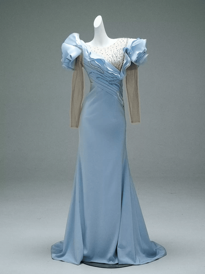 Light Blue Mermaid Evening Dress with Ruffle Sleeves – Long Sleeve Evening Dress with Beaded Bodice and Lace - Up Back Plus Size - WonderlandByLilian