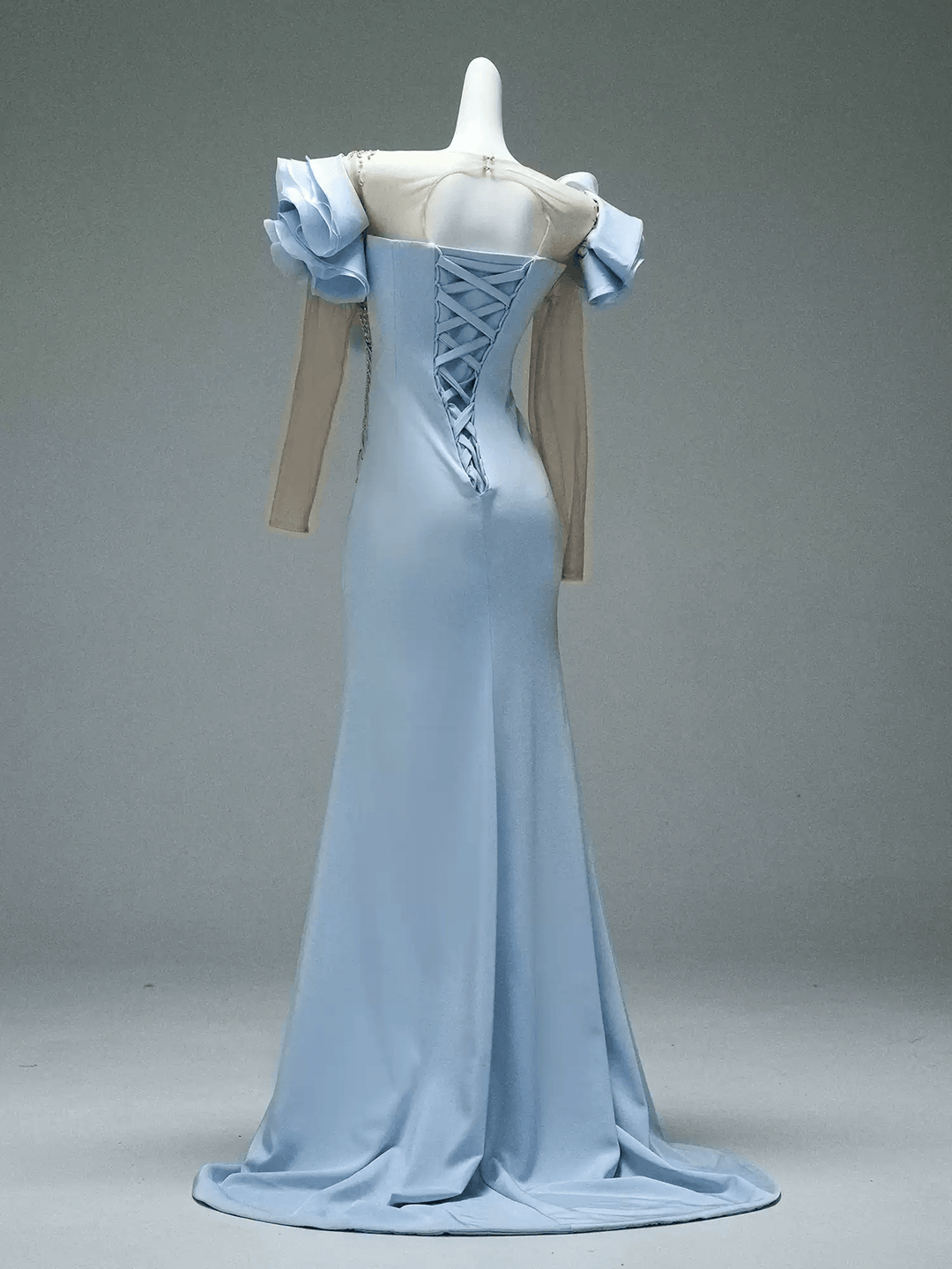 Light Blue Mermaid Evening Dress with Ruffle Sleeves – Long Sleeve Evening Dress with Beaded Bodice and Lace - Up Back Plus Size - WonderlandByLilian